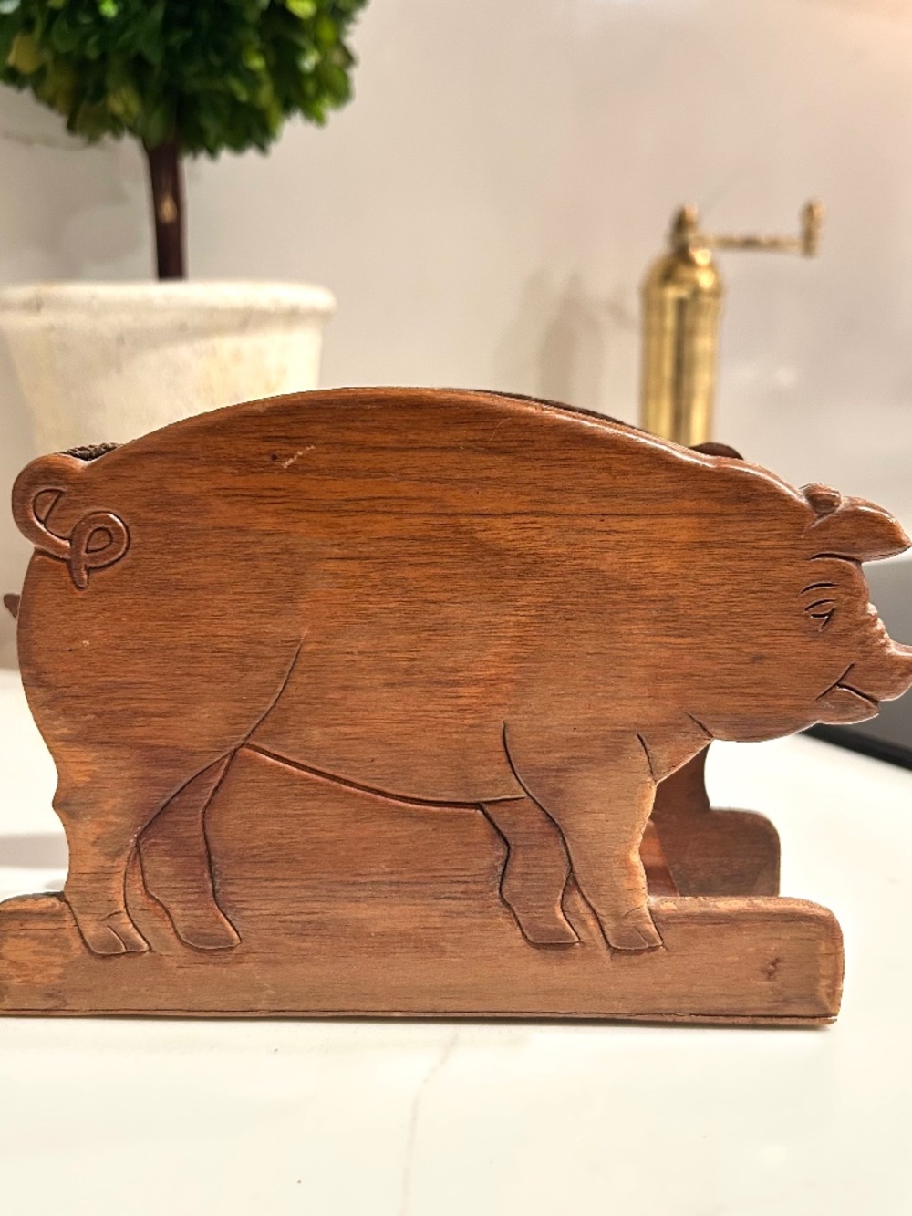 Vintage Wood Carved Pig Napkin or Letter Holder French Farm House Decor